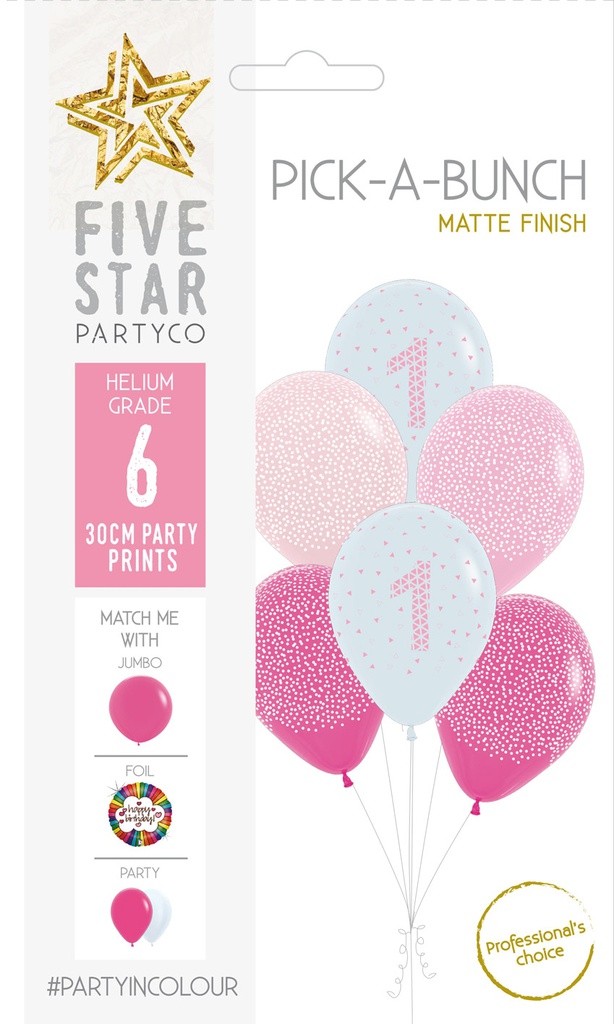 PICK-A-BUNCH 1st Birthday Girl 30cm  Pink/white 6pk