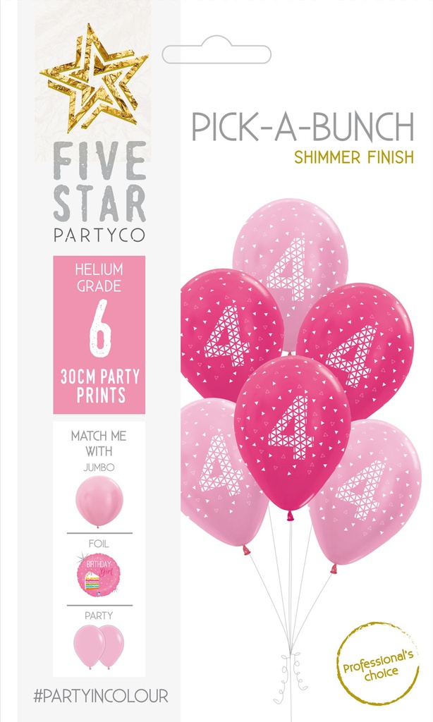 PICK-A-BUNCH 4th Birthday Girl 30cm  Pink/white 6pk