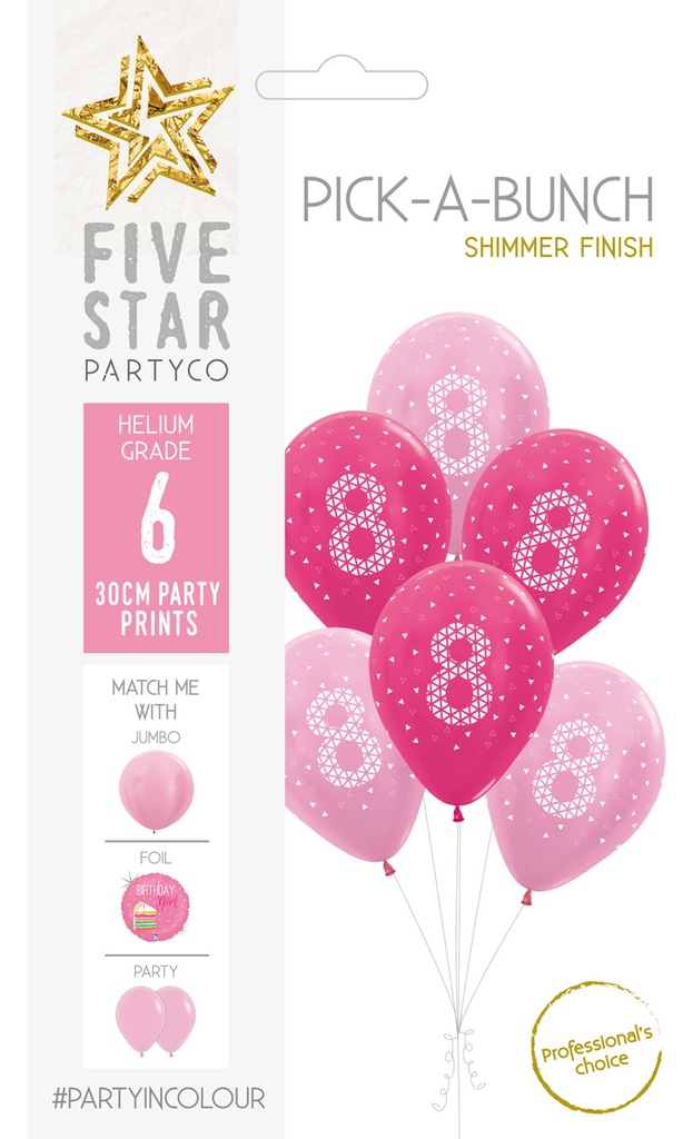 PICK-A-BUNCH 8th Birthday Girl 30cm  Pink/white 6pk
