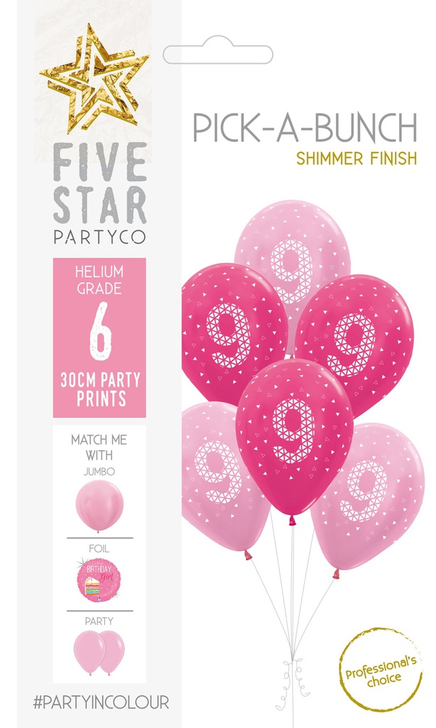 PICK-A-BUNCH 9th Birthday Girl 30cm  Pink/white 6pk