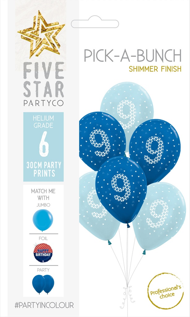 PICK-A-BUNCH 9th Birthday Boy 30cm  Blue/white 6pk