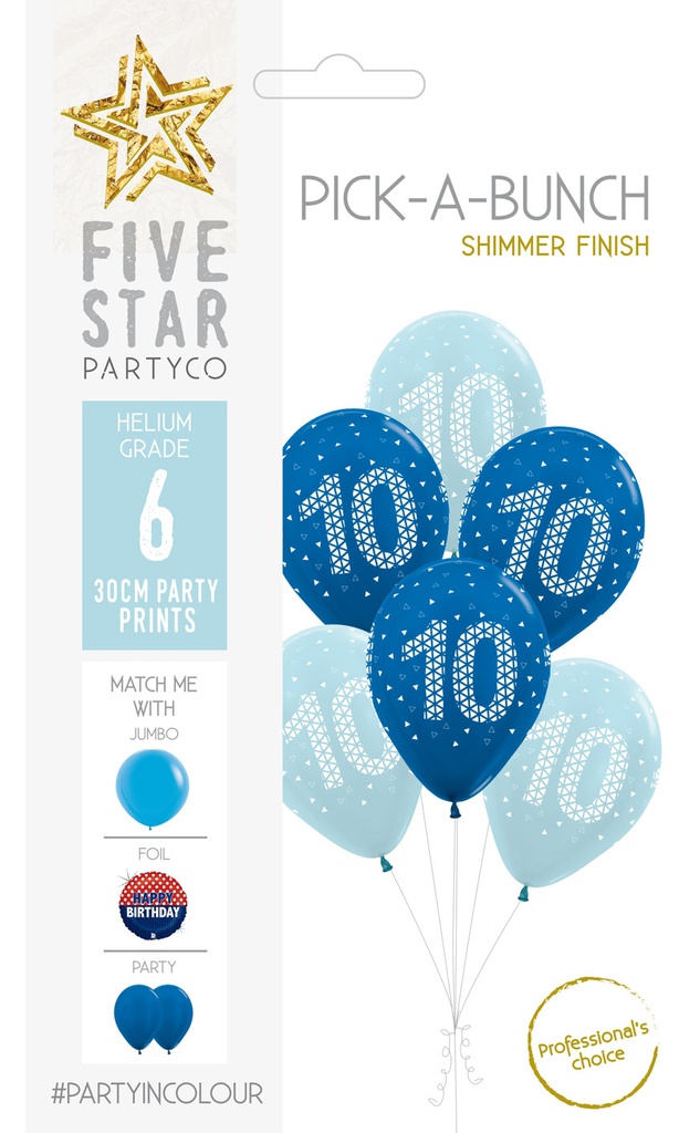 PICK-A-BUNCH 10th Birthday Boy 30cm  Blue/white 6pk