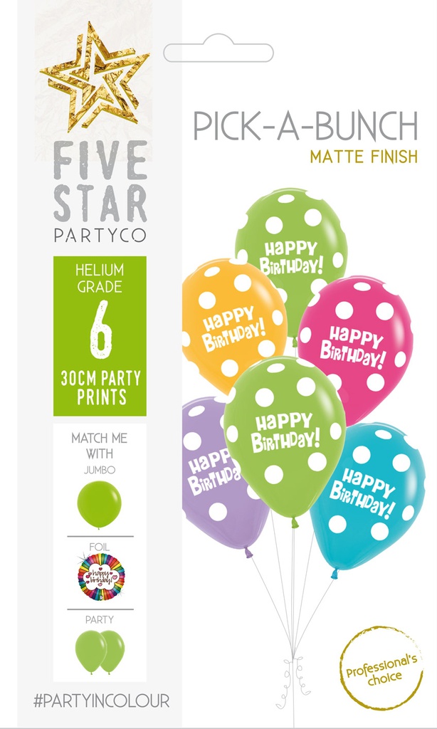 PICK-A-BUNCH Happy Birthday 30cm  Rainbow cols 6pk