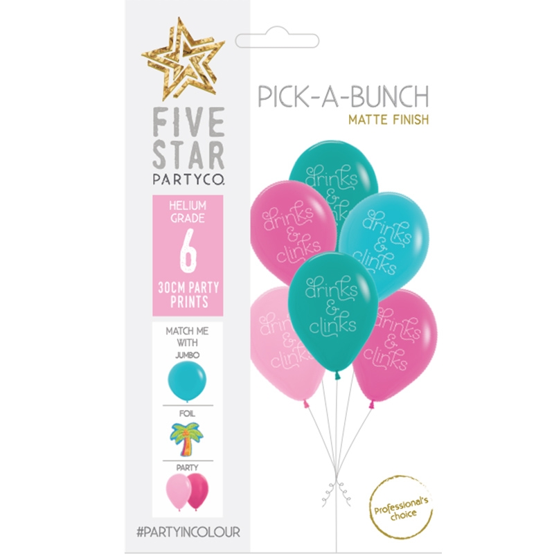 PICK-A-BUNCH Drinks/Clinks 30cm Pink/Blue/Turq 6pk