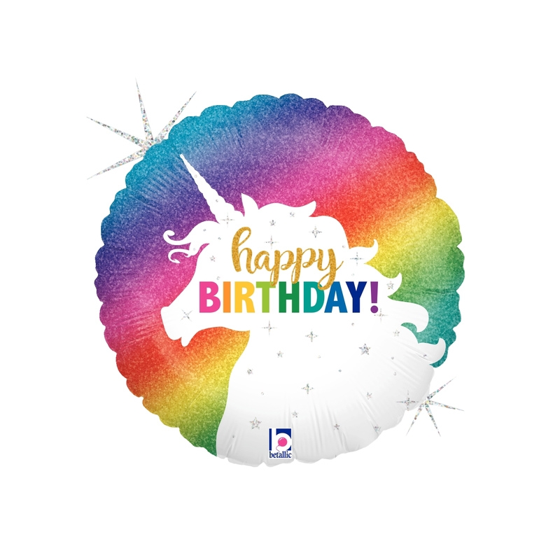 Round Holo Glitter Unicorn Birthday Foil 18&quot; 1pk