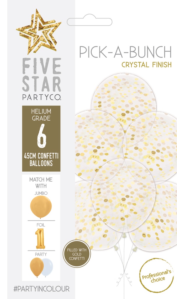 Confetti Balloon Gold 45cm 6pk