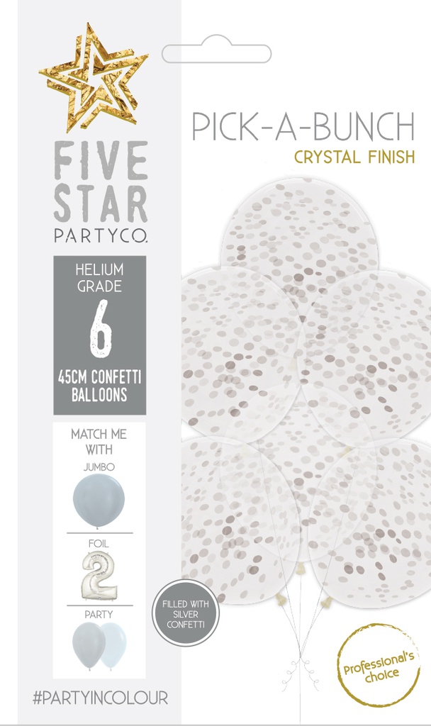 Confetti Balloon Silver  45cm 6pk