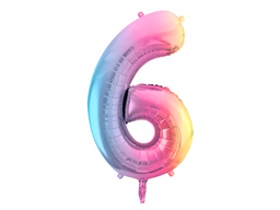 [84FB1-2-6] PD Foil Balloon Number #6 Pastel Rainbow 86cm 1pk