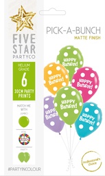 [750027] PICK-A-BUNCH Happy Birthday 30cm  Rainbow cols 6pk